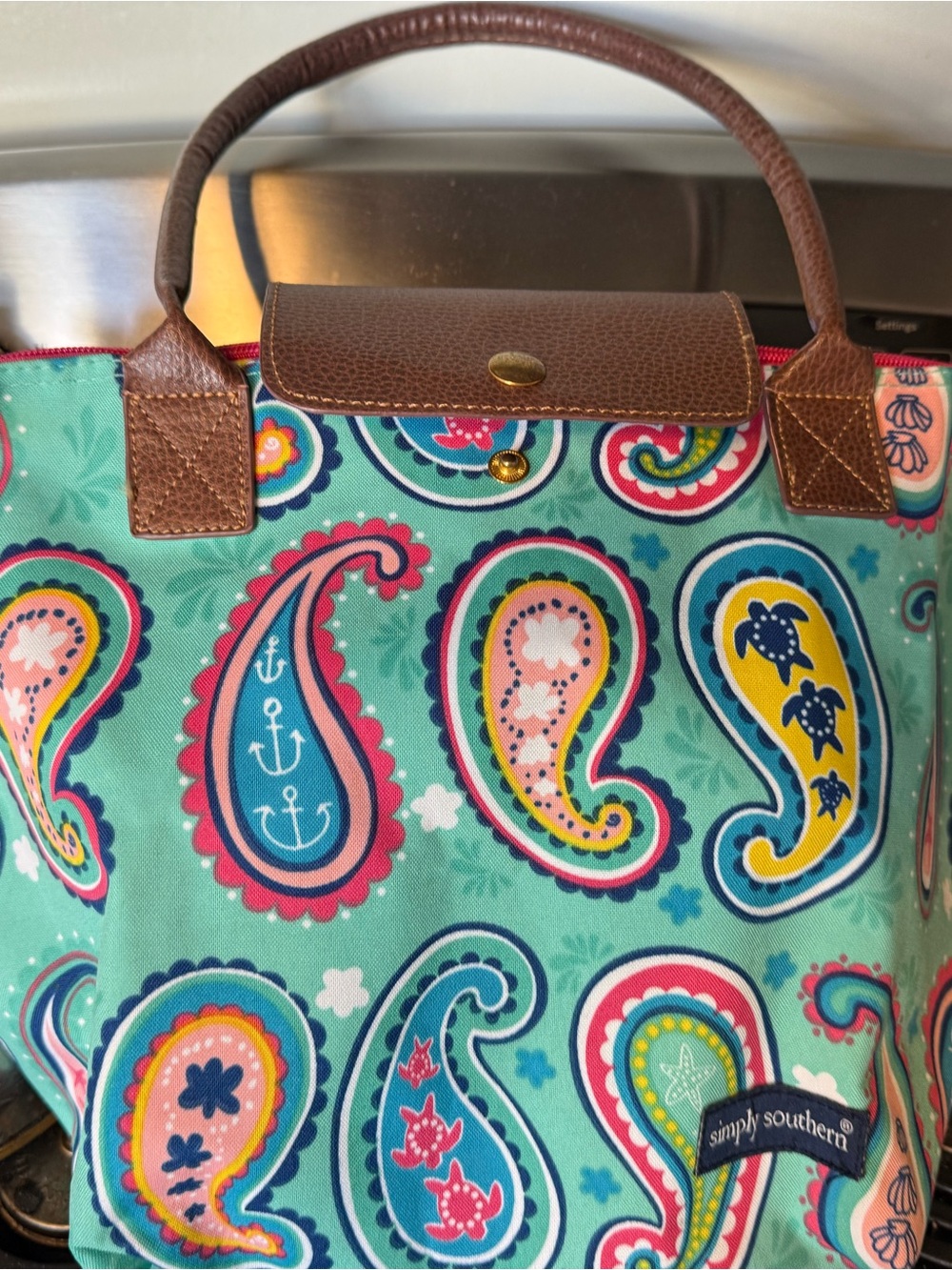 Simply Southern Turquoise Paisley Tote with Brown Handles